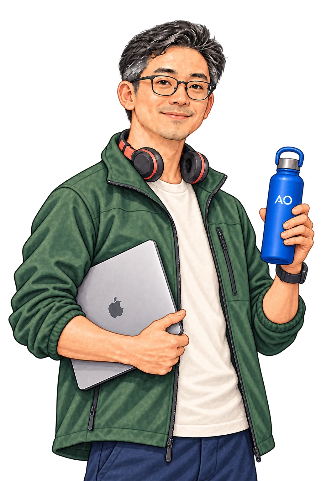 Illustrated portrait of Jacob wearing thin rectangular glasses, a green technical jacket and headphones, holding a laptop and a blue bottle