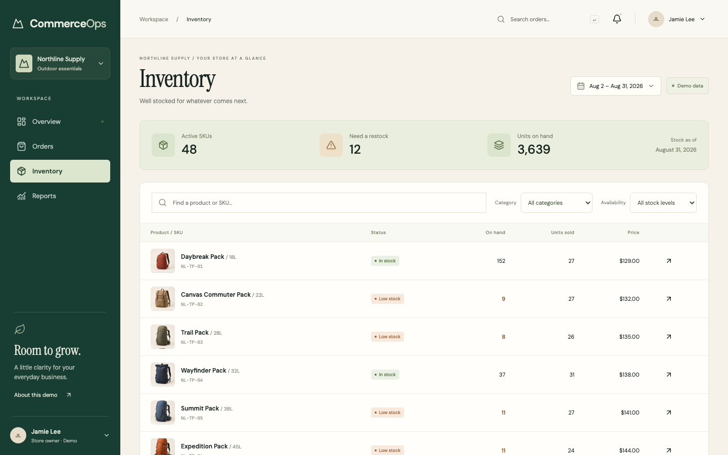 CommerceOps inventory dashboard with stock status and product rows