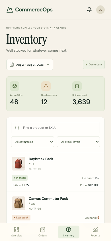 Mobile view of CommerceOps
