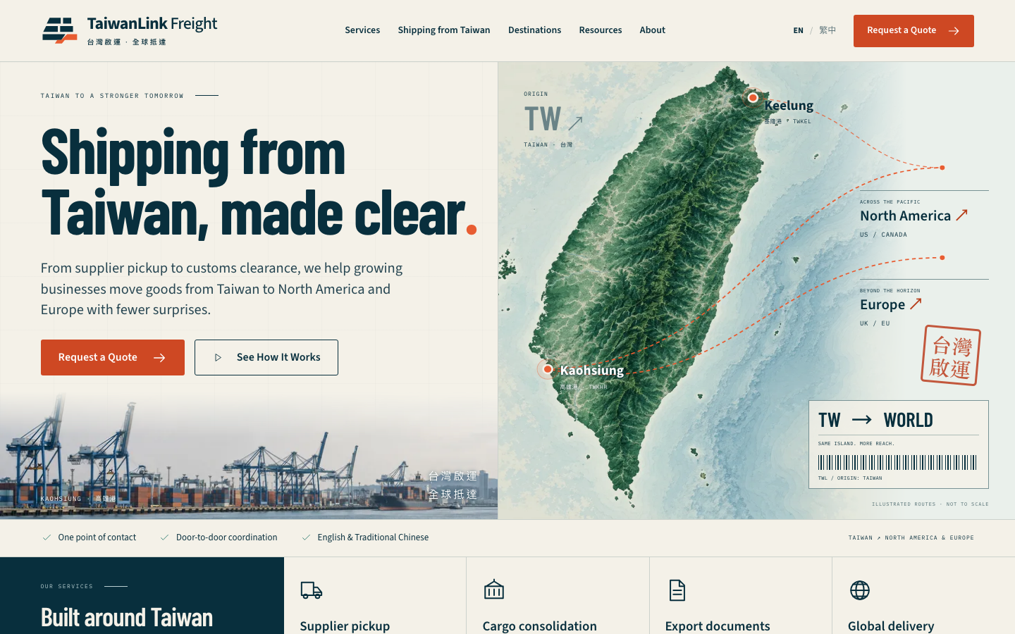 TaiwanLink Freight homepage showing Taiwan routes and harbor imagery