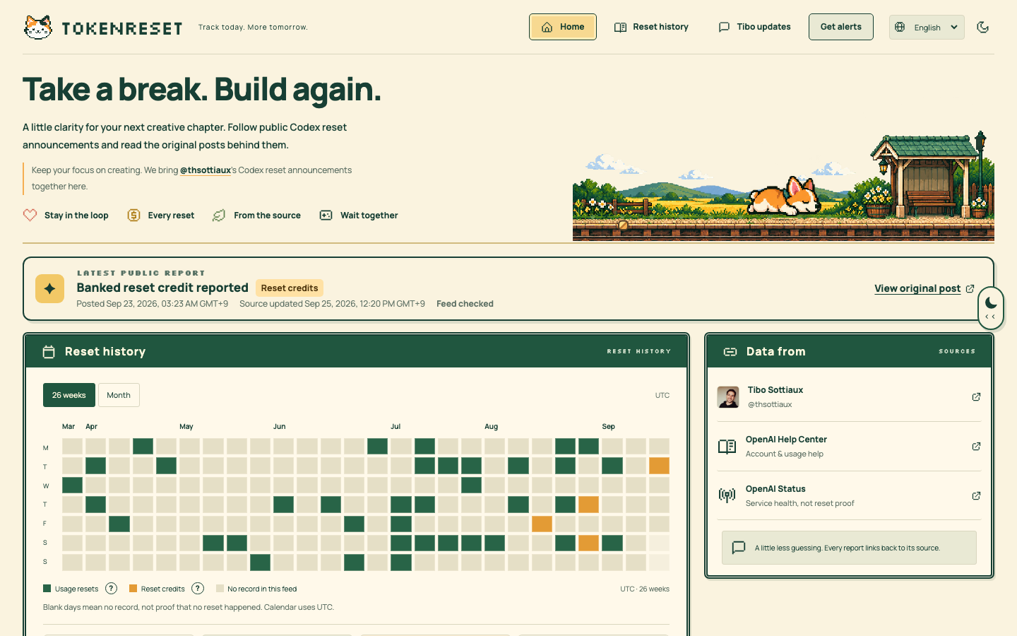 TokenReset homepage with public update information and an illustrated garden
