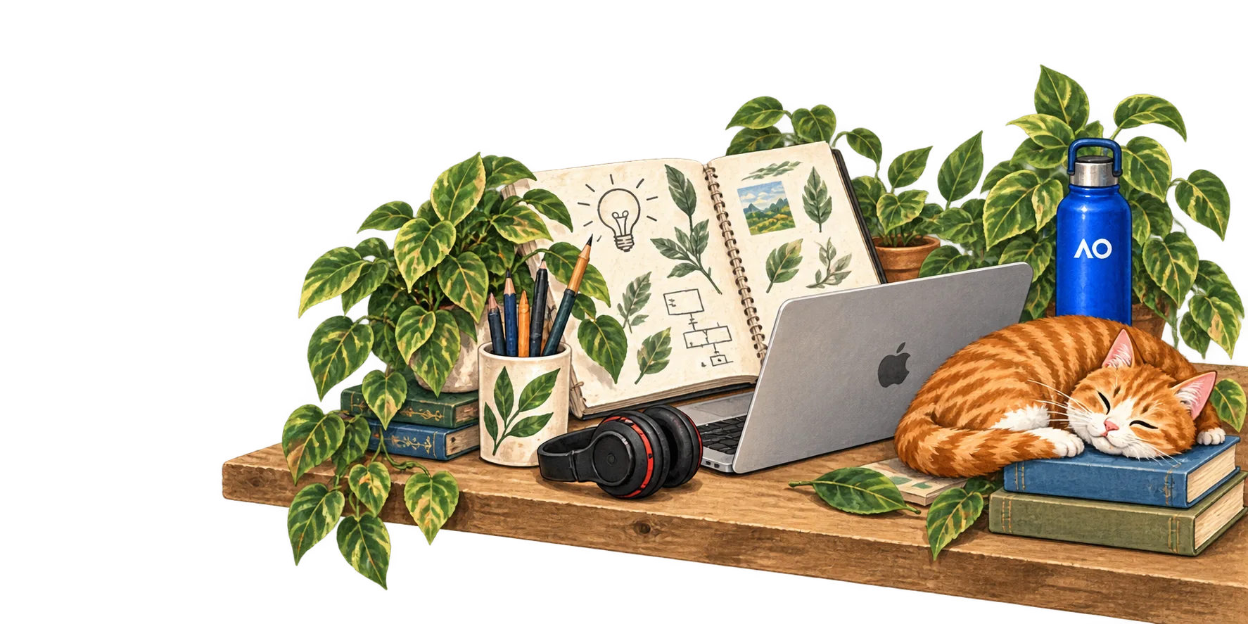 A creative desk with a sleeping cat, plants, laptop, headphones and a blue bottle